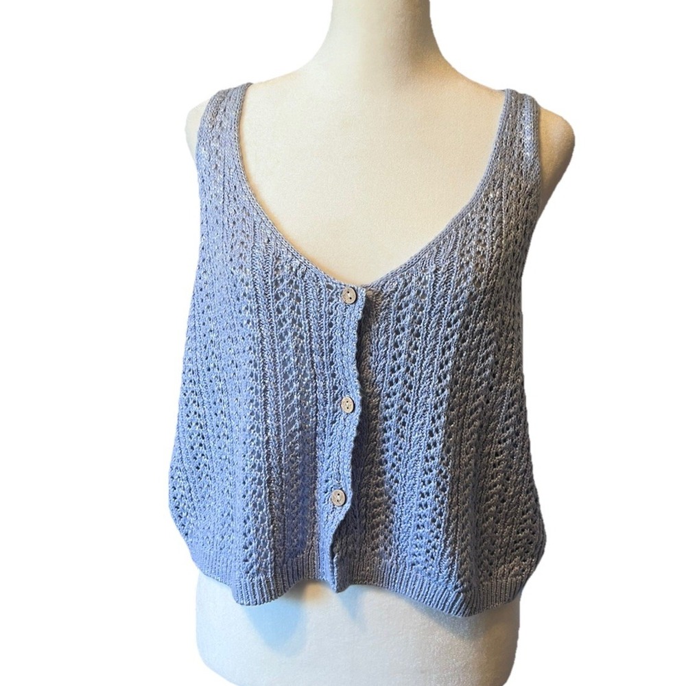 Frye Pointelle Crochet Knit Tank Top Slate Blue Button Up Cottage-core Women's L
